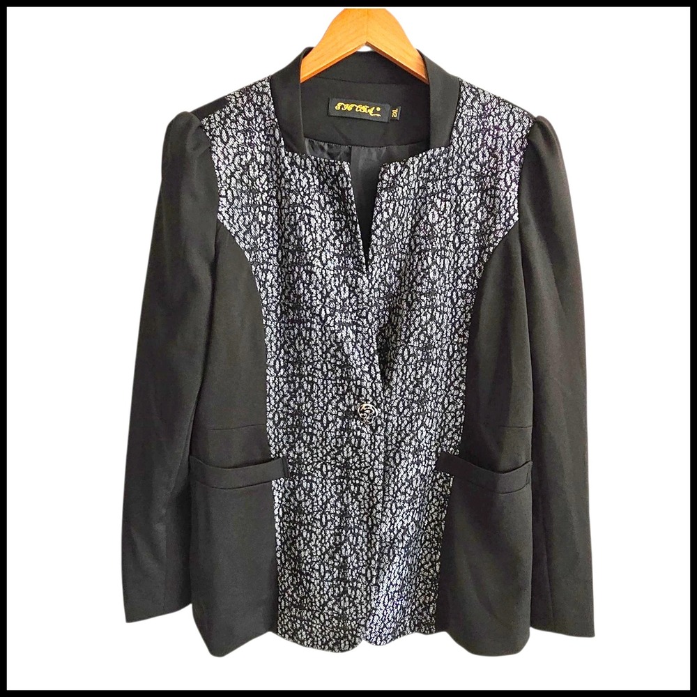 EHC OFTA Blazer Jacket Black Silver Lace‎ Career Party Puff Sleeve 2XL